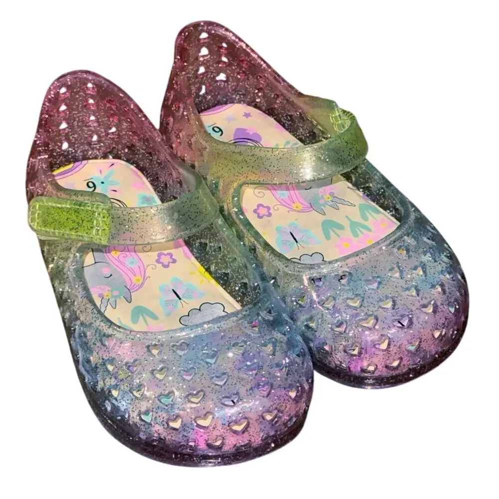 Wonder Nation Rainbow Glitter Jelly Shoes Girls 6C Unicorn Heart Velcro Sandals